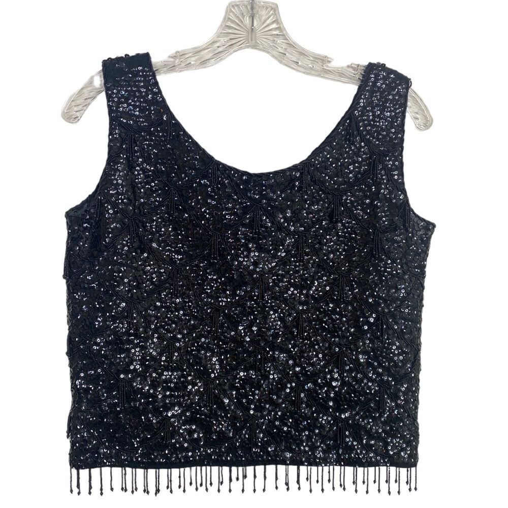 Vintage beaded black sequin blouse 50s cropped sleeveless round neck